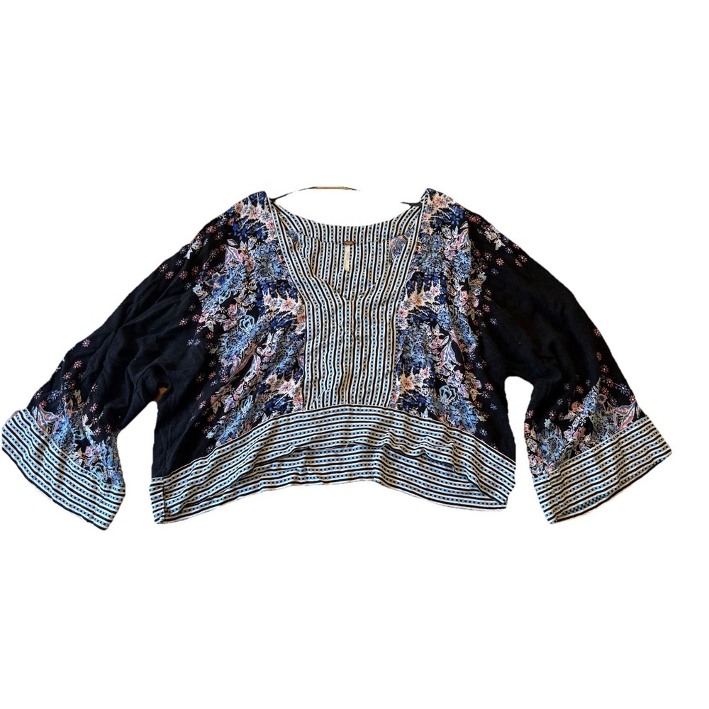 Free People Women's Mix N Match Print Top Deep V-Neck Kimono Sleeves Boho Size L